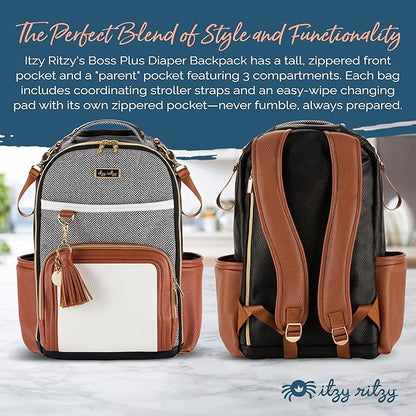Itzy Ritzy Diaper Bag Backpack – Large Capacity Boss Plus Baby Backpack Diaper Bag Featuring 19 Pockets, Changing Pad, Stroller Clips, and Comfortable Straps (Coffee & Cream)