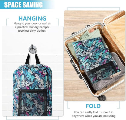 Portable with Adjustable Shoulder Straps Travel Dirty Laundry Bag,with Drawstring Closure & Mesh Pocket Backpack Laundry Bag for College,Apartment,Camping(Green Leaf)