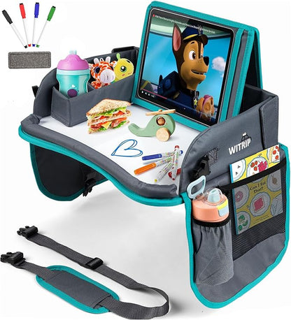 Kids Travel Tray with Dry Erase Board - Car Seat Tray for Kids Travel, Carseat Table Top for Toddler, Lap Desk for Car Seat, Activity Organizer & Snack Holder, Road Trip Essentials for Kid (Aqua)