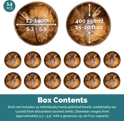 Jungle Culture 14 Pcs Bulk Coconut Bowls • Large 13–14 cm / 5.3-5.9" Natural