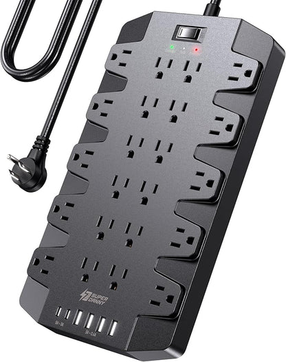 Power Strip, SUPERDANNY Surge Protector with 22 AC Outlets, 2 USB-C and 4 USB Ports, 1875W/15A, 2100J, 6.5Ft Extension Cord Surge Protector Power Strip with Wall Mount Holes for Home, Office, Dorm