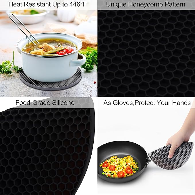 4 Pack Silicone Trivets for Hot Pots and Pans, Pot Holders Hot Pads, Non-Slip & Heat Resistant Silicone Mats for Kitchen Counter, Soft Durable Drying Mat, Jar Opener and Coasters (2 Black+2 Dark Grey)