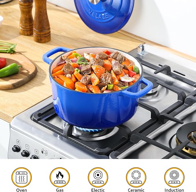 Velaze 6 QT Enameled Dutch Oven Pot with Lid, Cast Iron Dutch Oven with Dual Handles for Sourdough Bread Baking, Cooking, Non-stick Enamel Coated Cookware (Blue)