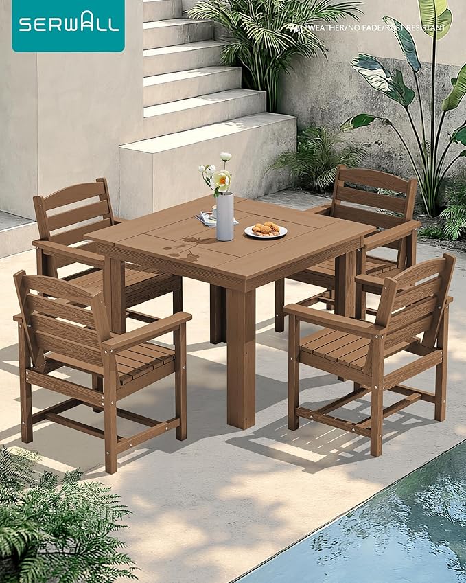 SERWALL Outdoor Dining Set for 4, HDPE Square Table and Chairs Set All Weather
