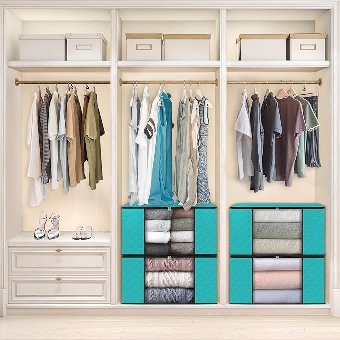 Fab totes 4 Pack Clothes Storage, Foldable Thick Fabric Blanket Storage Bags, Containers for Organizing Bedroom, Closet, Clothing, Comforter,Closet Organization with Handle,Green