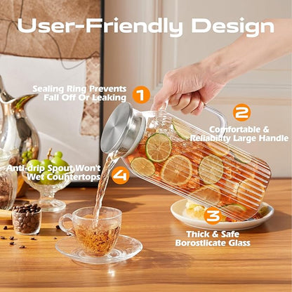 2 Liters/68oz 2 Pack Stripes Glass Pitcher with Lid and Handle for Fridge Door, Aofmee Borosilicate Glass Heat Resistant Dishwasher Safe Iced Tea Jar, Carafe with Scale Line for Hot/Cold Beverage