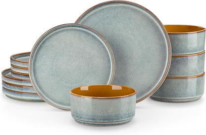 vancasso ONION Ceramic Plates and Bowls Sets, 12 Pieces Light Blue Dinnerware