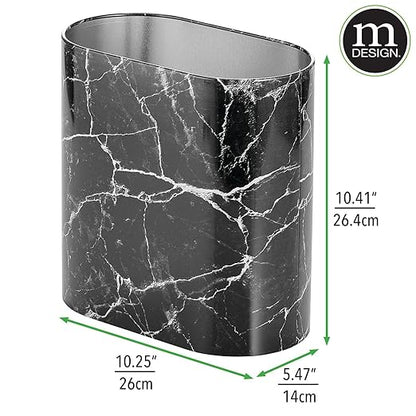 mDesign Metal Freestanding Slim Toilet Bowl Brush and Holder + Rectangle Narrow 5 Liter / 1.3 Gallon Step Pedal Trash Can Wastebasket for Bathroom - Small, Compact Design - Set of 2 - Brushed/Chrome