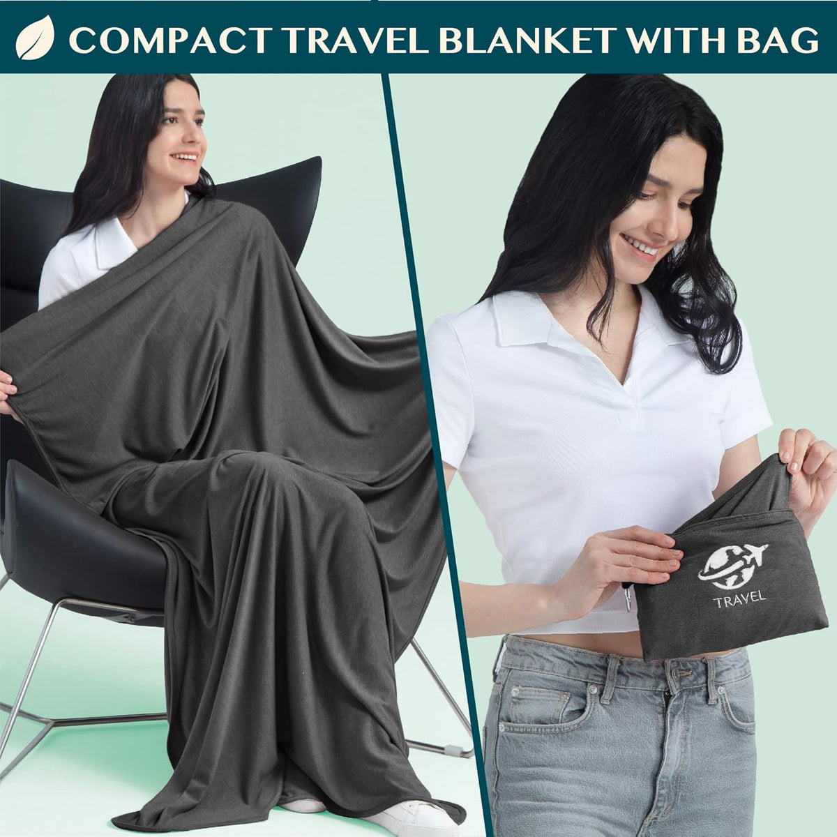 PAVILIA Travel Blanket Airplane Compact with Bag, Small Travel Pillow Blanket for Long Flights, Lightweight Plane Blanket with Luggage Strap, Camping Blanket for Traveler Essentials, Black, 65x40
