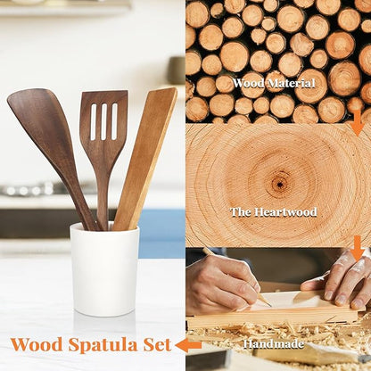 3Pcs Wooden Spatulas, Acacia Wood 12inch Long Handle Flat Frying Turner, Non-Stick Wooden Spoons for Cooking, Kitchen Utensils Set for Flipping, Scraping and Turning