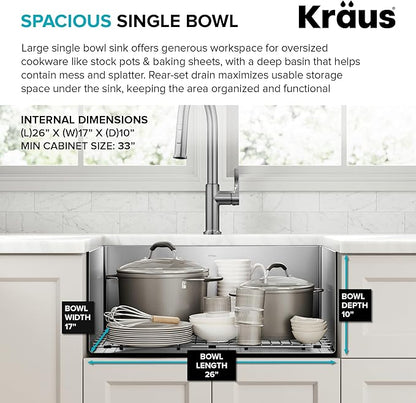 KRAUS Standart PRO 28-inch 16 Gauge Undermount Single Bowl Stainless Steel Kitchen Sink, KHU100-28