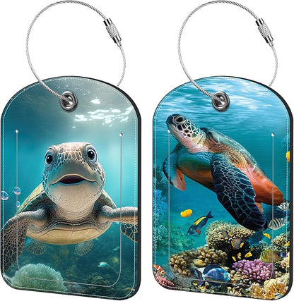 Hawaiian Sea Turtle Luggage Tag for Suitcase Set of 2 PU Leather Cute Luggage Tags with Stainless Metal Loop ID Label Privacy Flap Suitcase Tags for Women and Men Travel