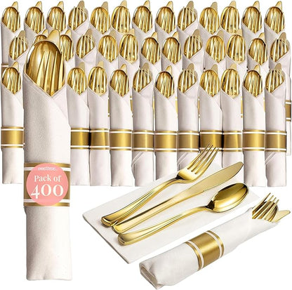 Prestee 400 Piece Pre Rolled Gold Plastic Silverware Set for 100 Guests - Disposable Silverware Set with Napkins for Weddings and Events - Wrapped Forks, Spoons and Knives with Elegant Gold Finish