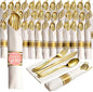 Prestee 400 Piece Pre Rolled Gold Plastic Silverware Set for 100 Guests - Disposable Silverware Set with Napkins for Weddings and Events - Wrapped Forks, Spoons and Knives with Elegant Gold Finish