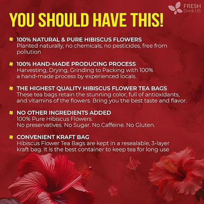 FreshDrinkUS, Premium 140 Hibiscus Flowers Tea Bags, 100% Natural, Handmade & Pure from Hibiscus Flowers. No Sugar/Caffeine/Gluten, Vegan. Tart & Refreshing, Hot or Ice Tea, Great For All Seasons