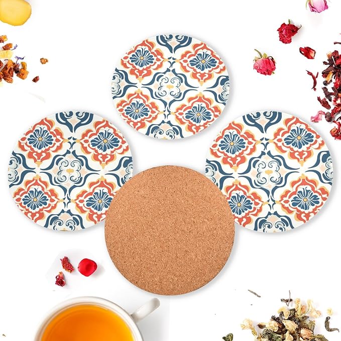 Seamless Asian Traditional Patterns Round Drink Coaster Set of 4 Heat Resistant