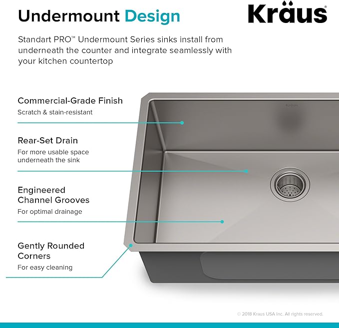 KRAUS Standart PRO™ 32-inch 16 Gauge Undermount Single Bowl Stainless Steel Kitchen Sink with WasteGuard™ Continuous Feed Garbage Disposal, KHU100-32-100-75MB