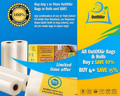 6" x 100' Mega Roll & Cutter Box Vacuum Sealer Bags Roll (No More Scissors) 4 mil 100 Foot OutOfAir, 33% Thicker, BPA Free, Sous Vide, Commercial Grade, Works with FoodSaver Sealers