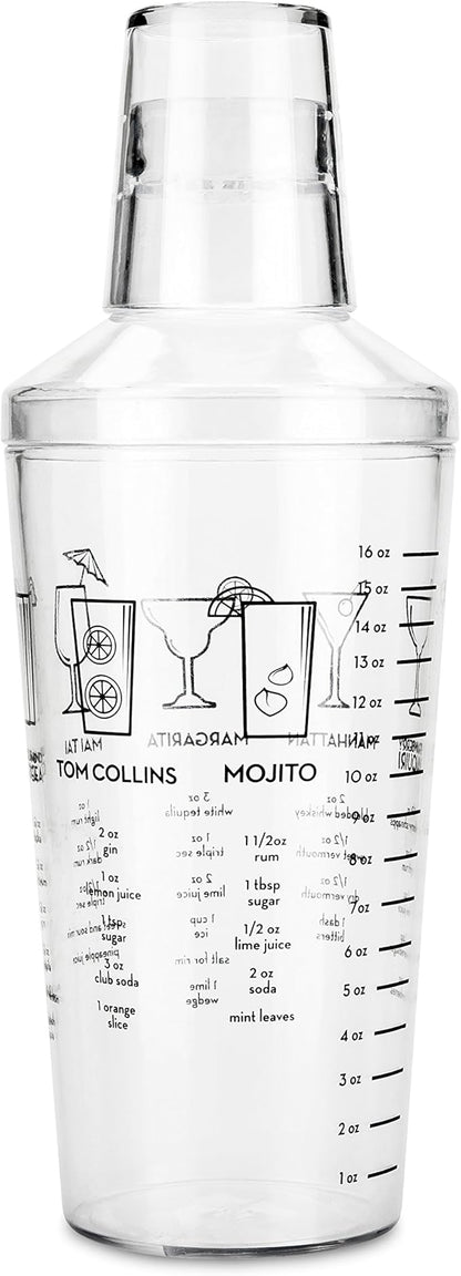 True Maraca Cocktail Shaker with Built In Strainer, Drink Mixer with 7 Classic Drink Recipes & Measurements, Perfect for Game Nights, BBQ, House Party, Picnic, Home Bar Accessories, 16 oz, Set of 1