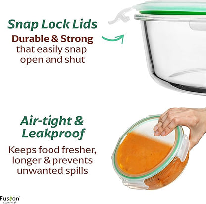 Fusion Gourmet Round Glass Storage Containers with Lids [6 pack] Microwave Safe, Leak-proof, Dishwasher Safe, Oven Safe for Meal Prep Tupperware Set (3 Large + 3 Small, Green)
