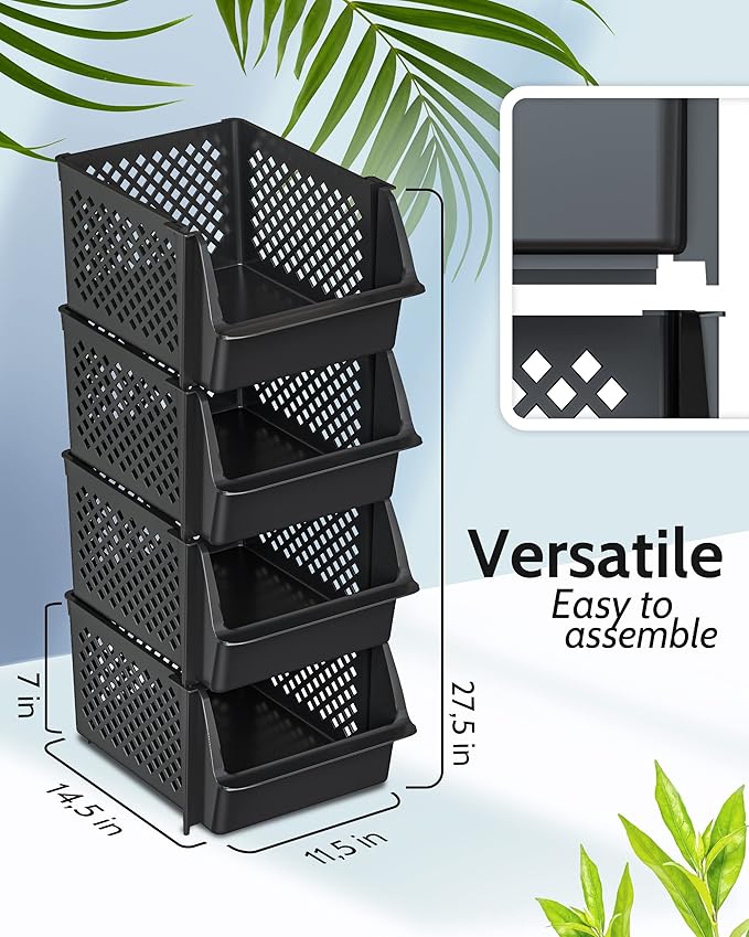 Skywin TidyFriend Stackable Storage Bins for Pantry Organizers and Storage 12 Pack, Pantry Storage for Food, Kitchen and Home Organization (Black)
