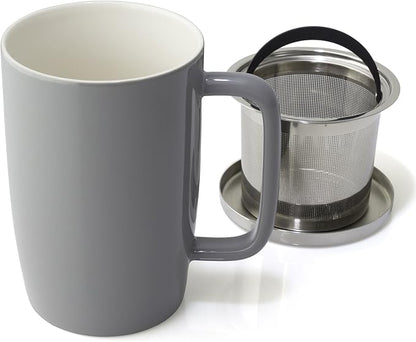 FORLIFE Dew Glossy Finish Brew-In-Mug with Basket Infuser & "Mirror" Stainless Lid 18 oz., Gray