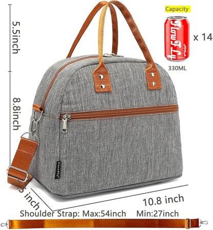 FlowFly Insulated Lunch Bag With Shoulder Strap for Women, Men, and Kids, Large and Reusable, Handle, Freezable Work and School Travel Tote and Meal Prep Organizer,Grey