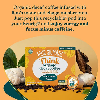 Four Sigmatic Decaf Mushroom Coffee K-Cups | Organic Dark Roast Coffee with Lion’s Mane & Yacon | Focus & Immune Support | Vegan & Keto | Sustainable Pods | 24 Count