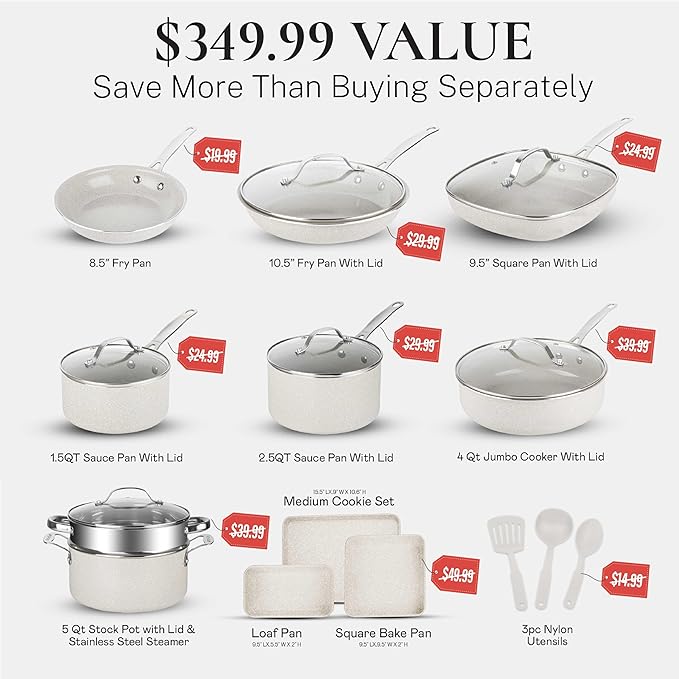 Granitestone 20 Pc Ceramic Cookware Set Nonstick, Complete Pots and Pans Set Non Stick for Kitchen with Bakeware, Cooking Utensils & Steamer, Non Toxic Made Without PFOA PFOS, Oven & Dishwasher Safe