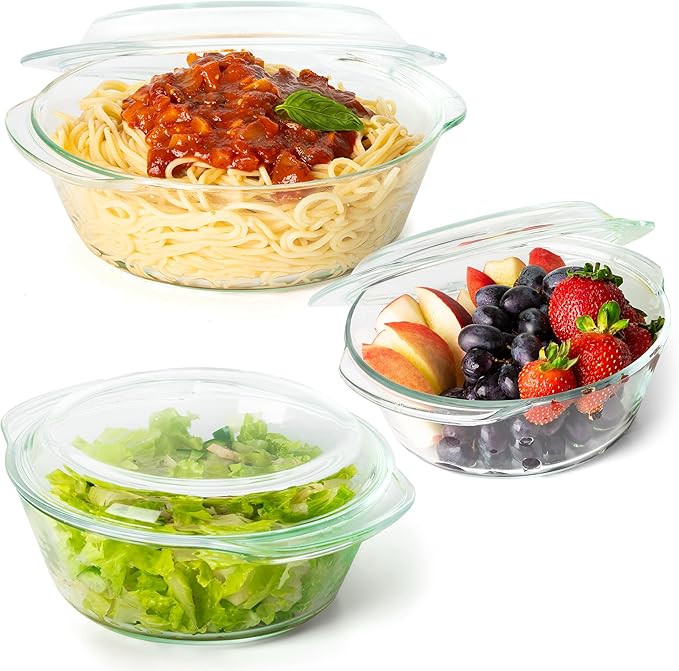 Moss & Stone 6-Piece Clear Glass Casserole Dishes for Oven With Lids, Durable Tempered Borosilicate Glass Bakeware Set, Microwave Safe, 3 Round Sizes for Cooking, Serving & Storage