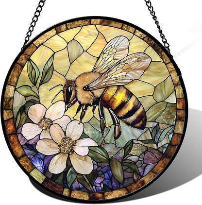 Stained Glass Window Hanging, Vintage Bee Yellow Flower Sun Catcher for Window Door Home Decor Suncatcher Christmas Mother's Day Birthday Gifts for Women Men Mom and Nana 9.8 in