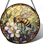 Stained Glass Window Hanging, Vintage Bee Yellow Flower Sun Catcher for Window Door Home Decor Suncatcher Christmas Mother's Day Birthday Gifts for Women Men Mom and Nana 15 in