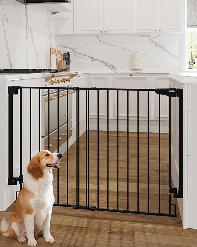 Cumbor 34" Extra Tall No Bottom Bar Baby Gate for Stairs, Wall Mounted Dog Gate Indoor for Larger Pets, Expandable 31.6-48" Safety Gate for Doorways, Wide Walk Thru Door for Easy Access (Black)