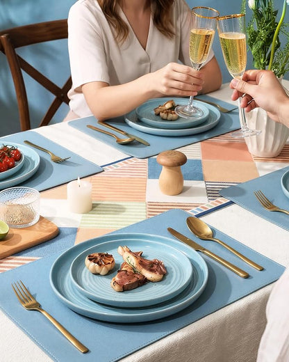 Dinnerware Set for 4, Ceramic Plates and Bowls, Ice Blue | 12 pcs Speckled