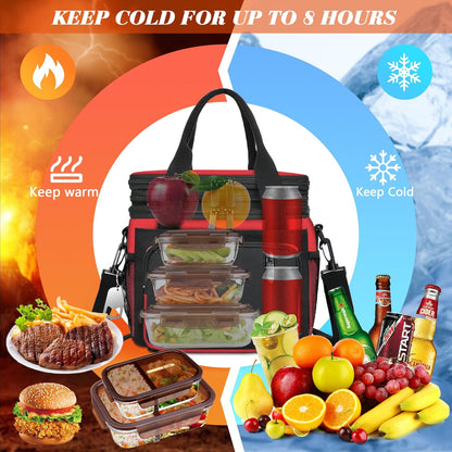 Insulated Lunch Bag Women & Men | Large Adult Lunch Box | Double-Layer Reusable Lunch Bags | Leak-Proof Tote Cooler Bag for Work Picnic Outdoors | 16L, Red
