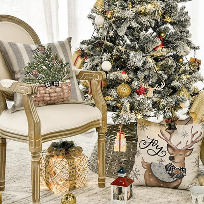 AVOIN colorlife Christmas Snowman Reindeer Gloves Eucalyptus Throw Pillow Covers, 20 x 20 Inch Winter Holiday Stripes Cushion Case Decoration for Sofa Couch Set of 4