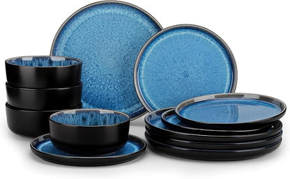 vancasso PLAYA Plates and Bowls Sets, 12 Pieces Blue Dinnerware Sets