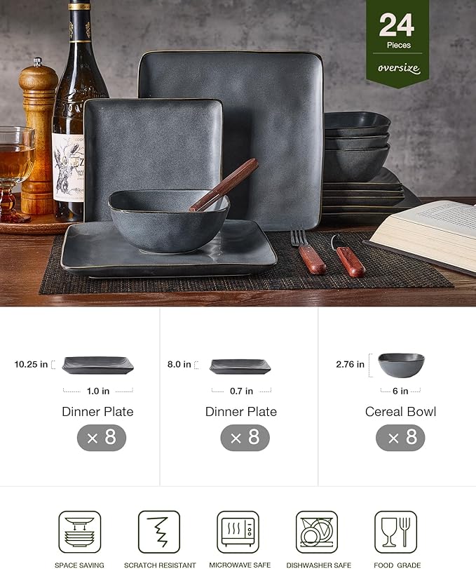 Famiware Dinnerware Sets for 8, Ocean Square 24-Piece Kitchen Plates and Bowls Sets, Microwave and Dishwasher Safe, Scratch Resistant, Matte Black