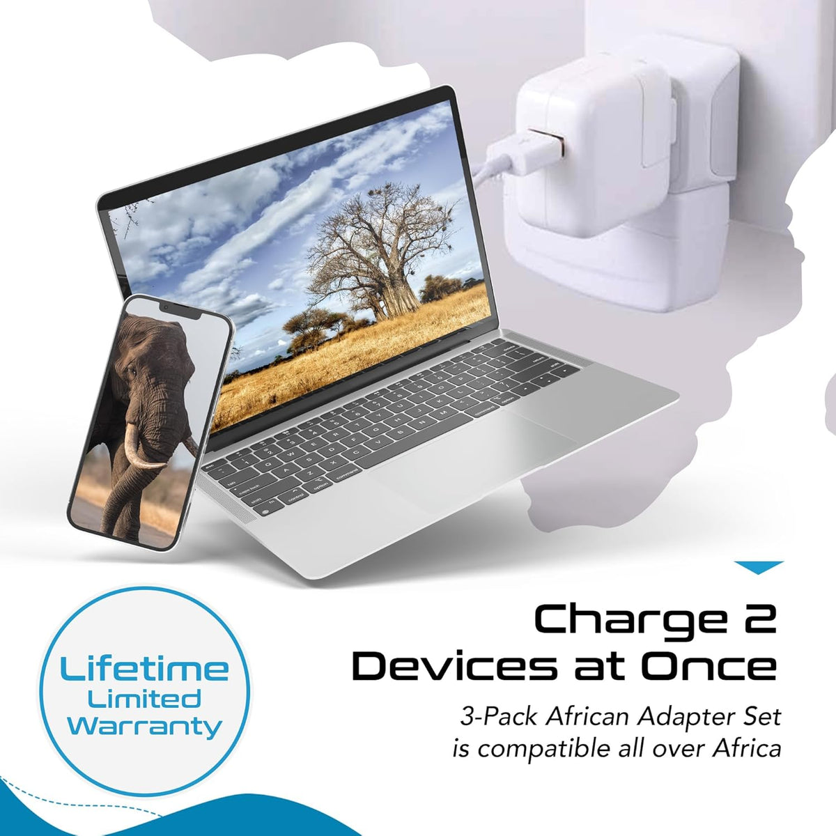 Ceptics African Travel Adapter Set 2 in 1 USA to Africa, S. Africa, Nigeria, Ghana, Uganda (Type M, E/F, Type G) - 3 Pack (Does Not Convert Voltage)
