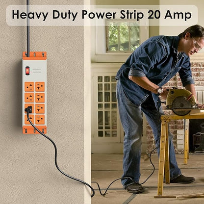 JUNNUJ Heavy Duty 20 Amp Surge Protector 4800J, Garage Metal 8 Outlets 12 Gauge, High Amp 5-15P Adapter Shop 6-20R T-Slot Industrial Outlet, 10 FT Extension Cord Commercial for Appliance, Grey