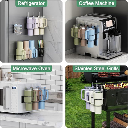 Magnetic Cup Holder for Fridge, Aufworld Tumbler Organizer with 8-Hook Rack, Fits 20/30/40 oz Stanley Cups, Accessory Storage with Lid & Straw Holder, Water Bottle Organizer for Kitchen Refrigerator