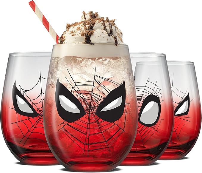 JoyJolt Marvel Spider-Man Spidey-Sense Stemless Drinking Glasses, 19oz Superhero Glass Tumblers, Set of 4 Drink Glasses, Marvel Gifts for Men and Women
