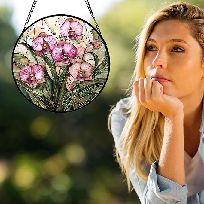 Stained Glass Window Hanging - Pink Phalaenopsis Orchid Green Leaves Sun Catcher for Door Home Decor Flower Suncatcher Christmas Mother's Day Birthday Gifts for Women Men Mom Nana 11.8 in