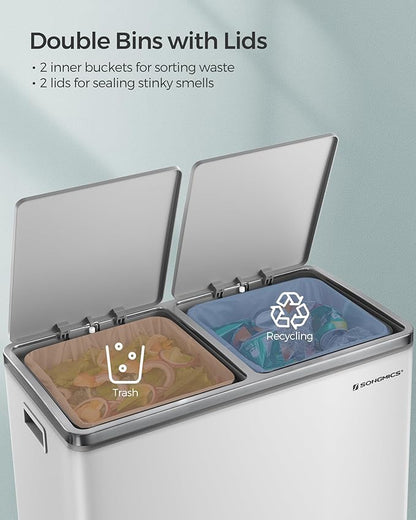 SONGMICS Trash Can, 2 x 8 Gallon (2 x 30 L) Garbage Can for Kitchen, with 15 Trash Bags, 2 Compartments, Plastic Inner Buckets and Hinged Lids, Airtight, White and Gray ULTB60WT
