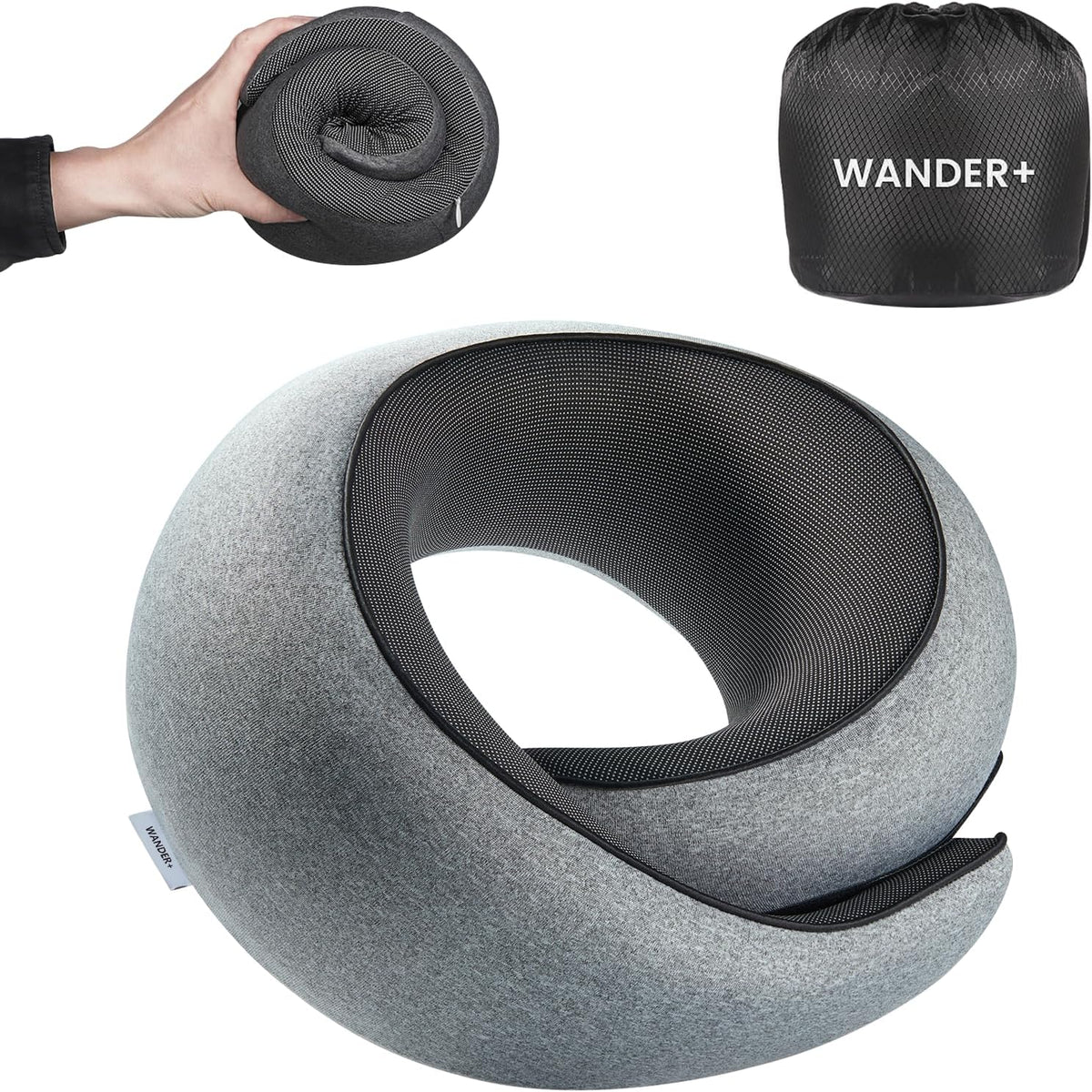 WANDER PLUS® Travel Neck Pillow, Pure Memory Foam Neck Pillow for Airplanes, Comfortable Breathable Cover, 360 Degree Support Ergonomic Design Best for Sleeping Plane Train Travel Essentials Max Grey