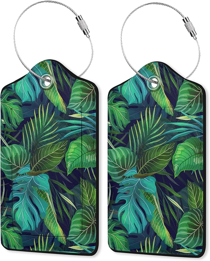 Summer Luggage Tag for Suitcase,Green Palm Leaves Tropical Plants Unique Travel Tags with Privacy Cover ID Label & Stainless Steel Loop for Men Women
