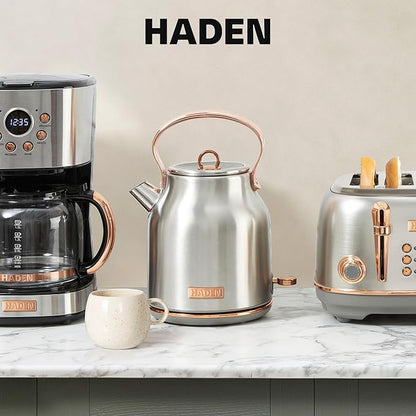 Haden Heritage 1.7 Liter Stainless Steel Electric Kettle, Hot Water Kettle with 360-Degree Base and Auto Shutoff, Steel & Copper