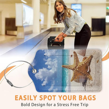Starfish on Sunny Beach 3 PCS PU Leather Luggage Tags for Suitcase, Luggage Tag with Privacy Flap, Name ID Label and Metal Loop for Women Men Baggage Handbag School Bag Backpack
