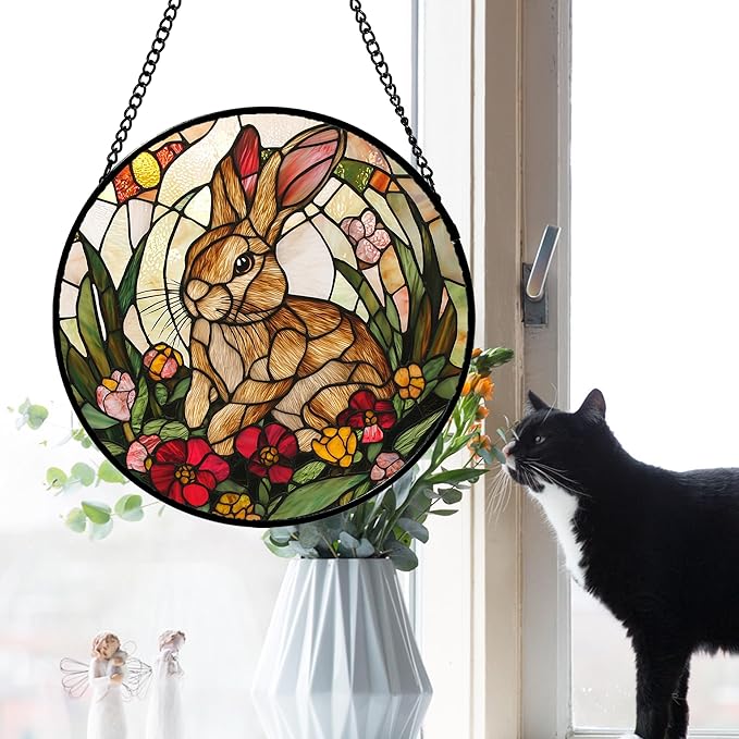 Stained Glass Window Hanging, Cute Bunny Flowers Sun Catcher for Window Door Home Decor, Rabbit Suncatcher Christmas Mother's Day Birthday Gifts for Women Men Mom and Nana 7.8 in