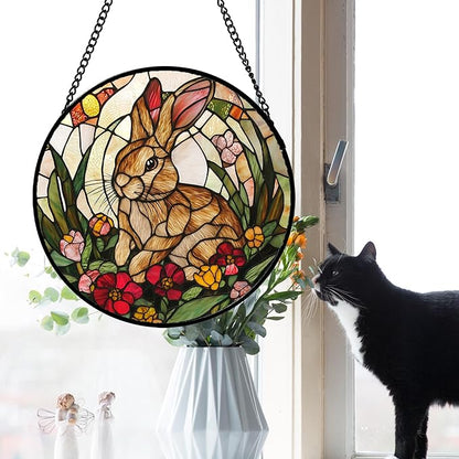 Stained Glass Window Hanging, Cute Bunny Flowers Sun Catcher for Window Door Home Decor, Rabbit Suncatcher Christmas Mother's Day Birthday Gifts for Women Men Mom and Nana 15 in
